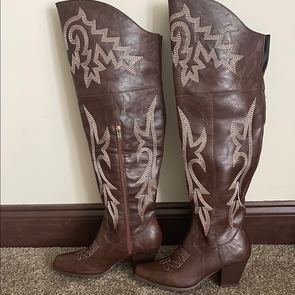 SHEIN Brown Over the Knee Boots with Western Embroidery